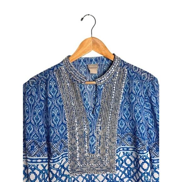 Chico’s Tunic Seaside Sheer Rhinestones Size 12P Blue White Black Blouse Beach - Picture 2 of 10